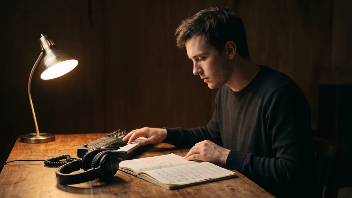 A songwriter at a wooden desk under a warm lamp, one hand on a compact MIDI keyboard and the other on a notebook of pencil sketches, headphones beside them