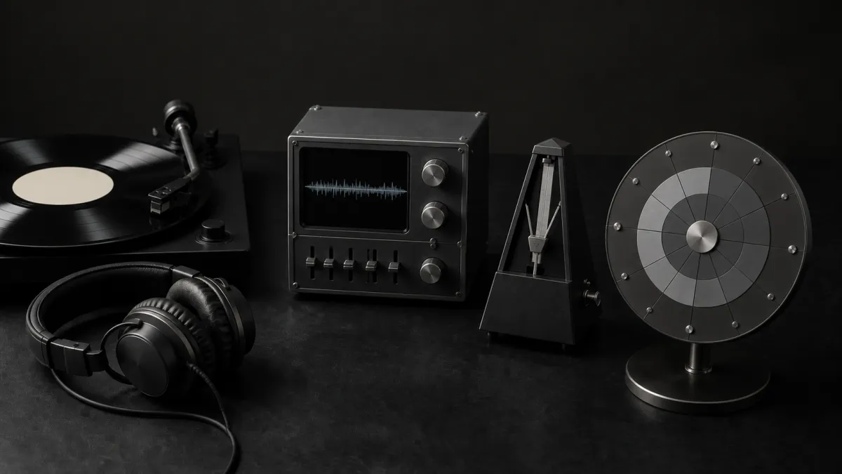 An audio record, waveform equipment, and harmonic dial forming a key and BPM analysis workflow