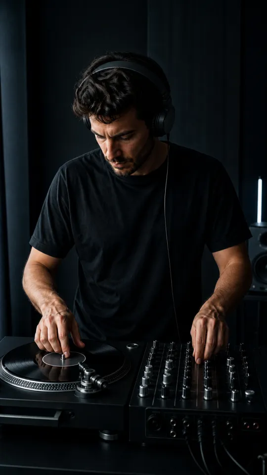 A DJ wearing headphones compares tracks at a compact studio mixing desk