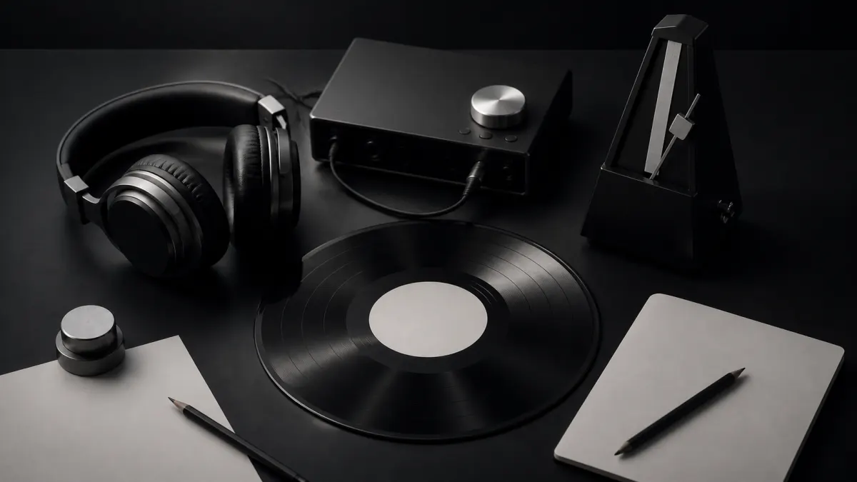 Headphones, a vinyl record, and studio controls arranged for checking a song's key and tempo