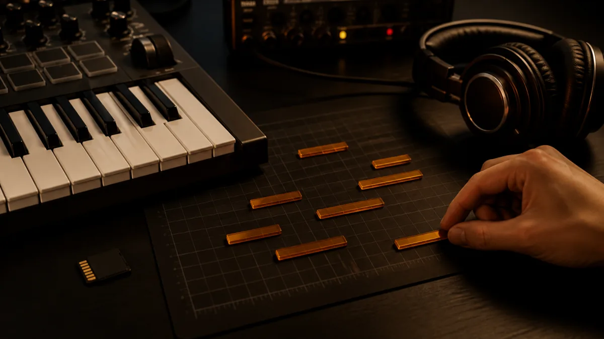 A hand arranges amber note blocks on a dark grid beside a MIDI keyboard and headphones