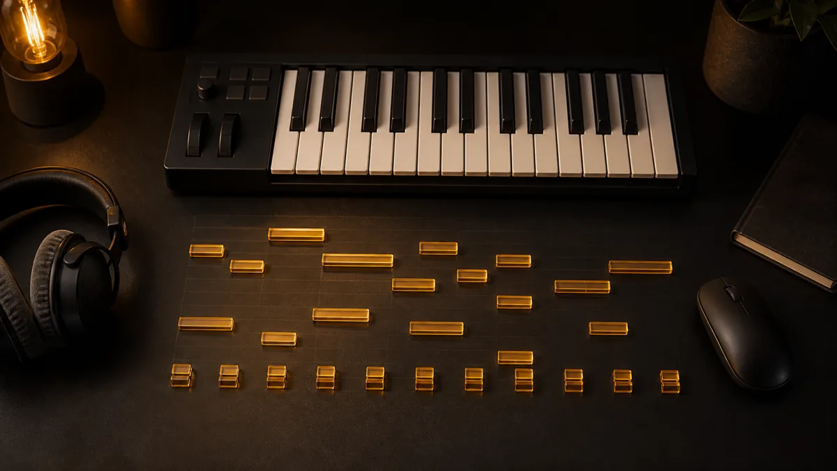 A MIDI keyboard, headphones, mouse, and amber note blocks arranged on a dark studio grid