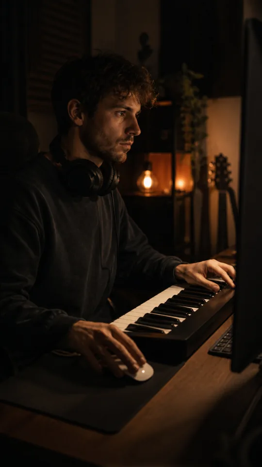 A music producer plays a compact MIDI keyboard while using a mouse in a dark home studio