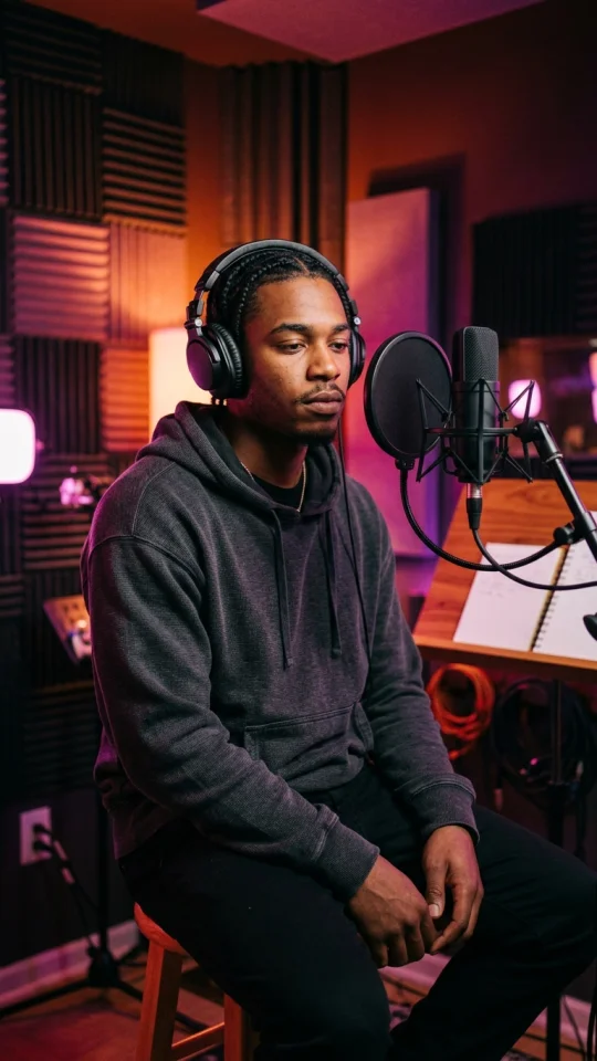 A hip-hop artist wearing studio headphones sitting in a vocal booth brainstorming stage name concepts