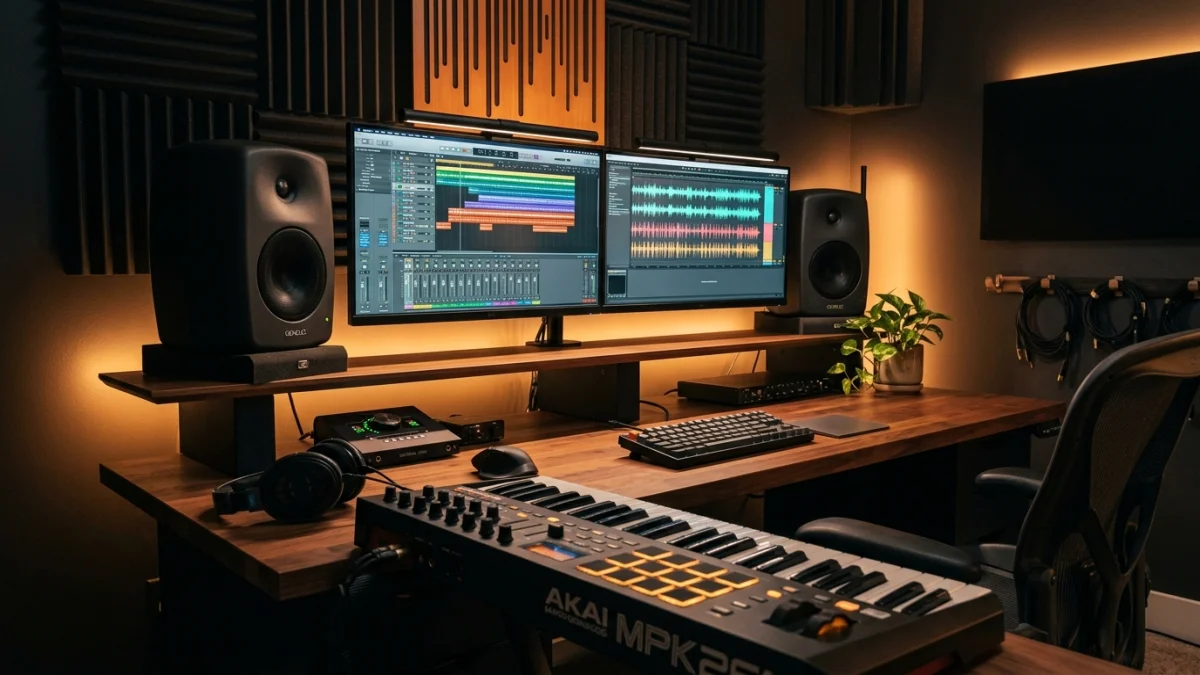 Digital audio workstation setup with monitors displaying audio production and rap stage name ideas