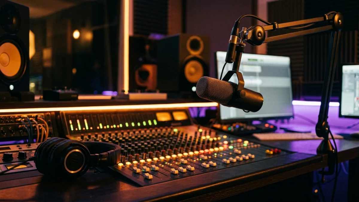 Studio microphone, sound mixing console, neon studio lighting, and audio waveforms arranged for creating a rapper stage name