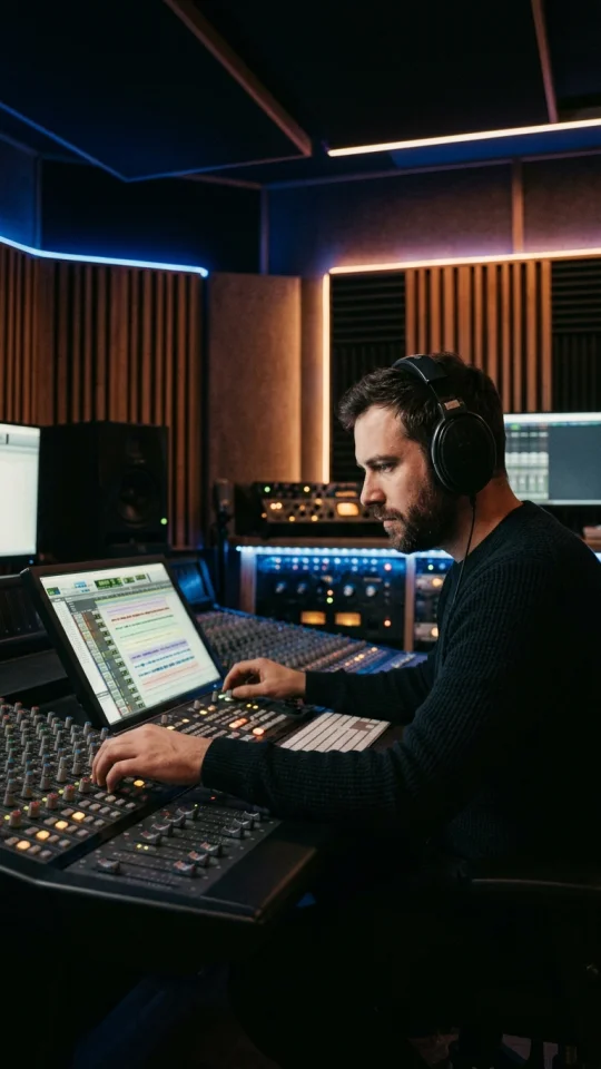 A music producer wearing headphones at a studio console adjusting multi-track audio stems