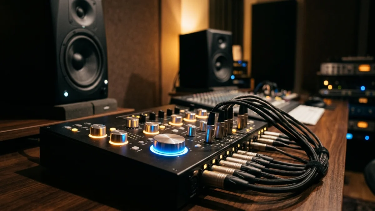 An audio interface, studio monitors, and multi-track channel faders representing a stem separation workflow