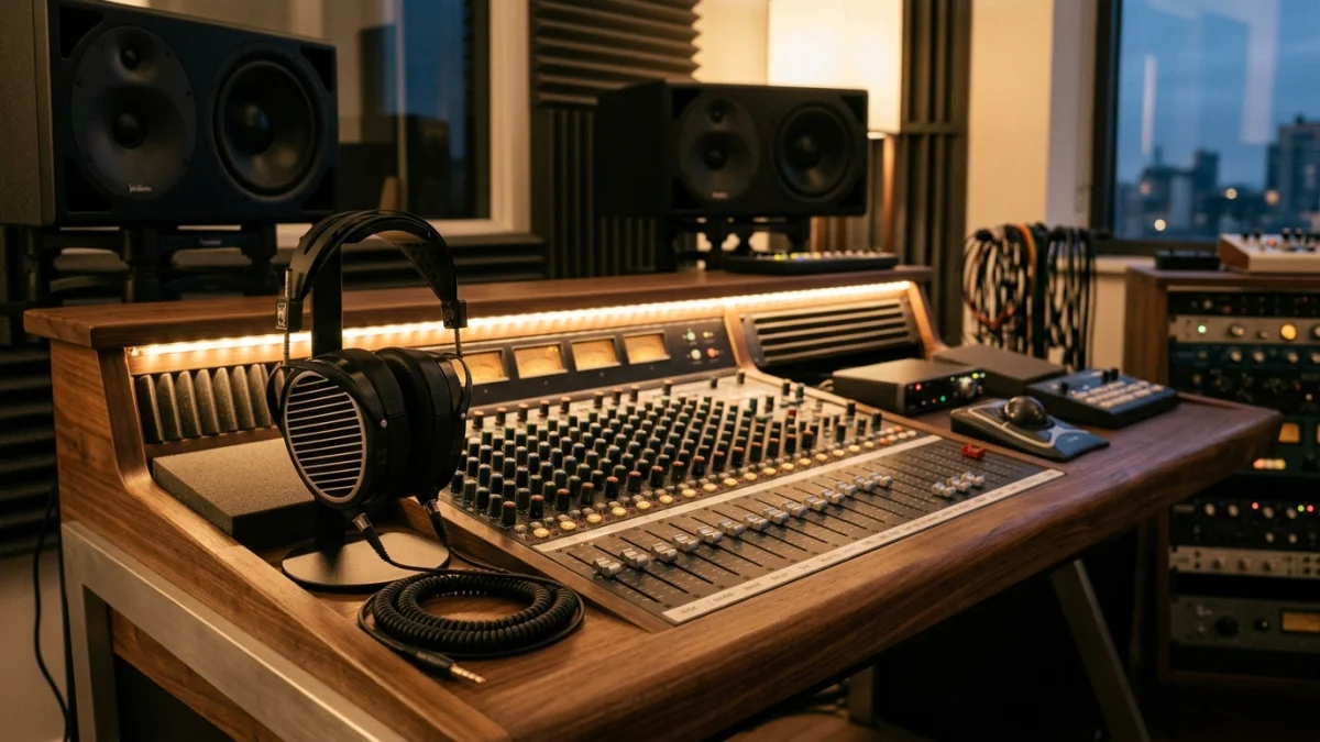 Studio headphones, mixing console faders, and illuminated audio waveforms illustrating stem separation