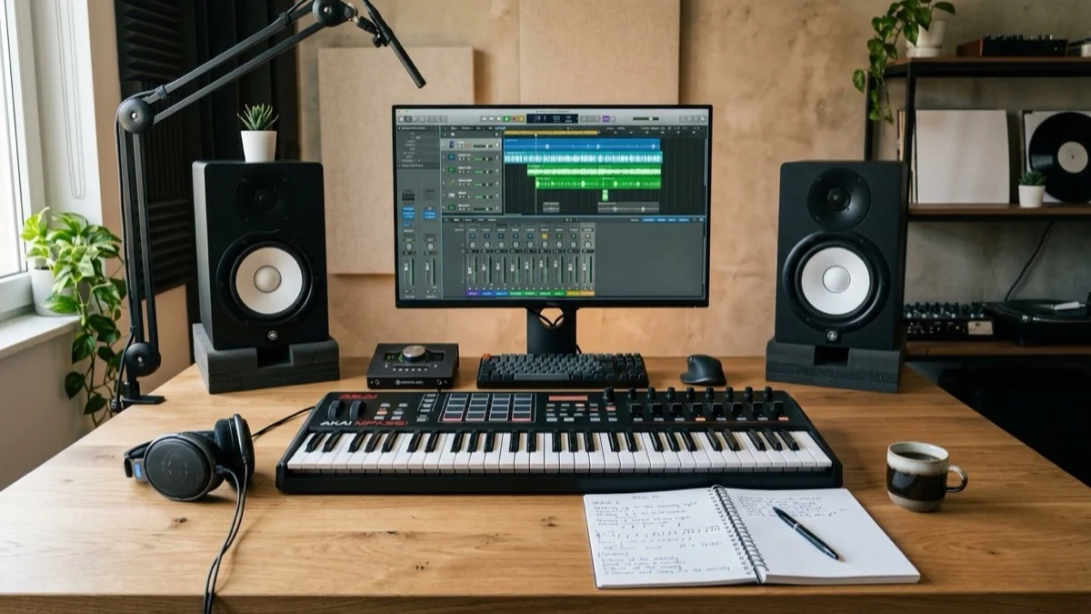 Digital audio workstation interface setup with music notes, track stems, and lyric drafting panels