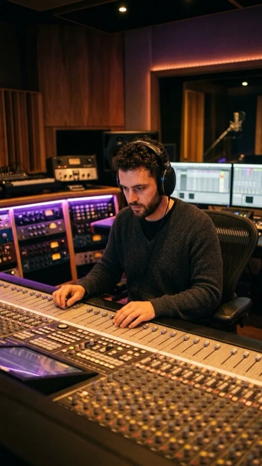 A music producer wearing headphones working on arrangement and vocal tracks at a sound studio console