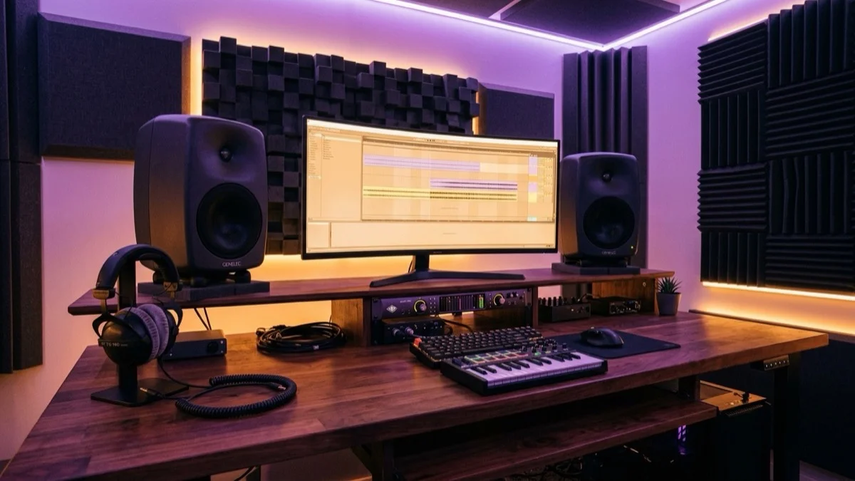 A modern music producer studio desk with studio monitors, headphones, audio waveform visualizations, and a digital mixing interface for AI music creation
